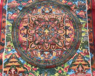 Traditional Tibetan or Nepali Thangka painting featuring a central Buddha mandala.