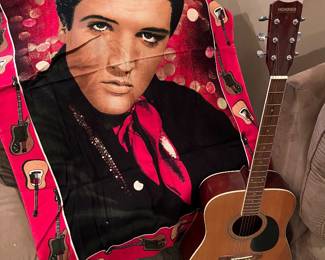 Elvis Presley wall tapestry; Hohner “Western Series” guitar, model HW400N.