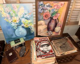 Oil paintings, vintage sheet music & magazines