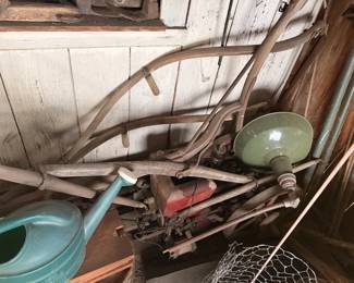 Primitive tools & antique farm light