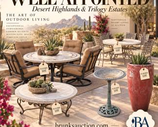 outdoor living, patio furniture, Woodard, Hanamint, outdoor dining, patio dining, outdoor furniture, garden furniture, patio set, swivel chairs, outdoor chairs, mosaic table, tile top table, patio table, garden table, outdoor decor, garden decor, patio decor, outdoor entertaining, desert patio, Arizona outdoor living, Scottsdale patio, luxury patio, garden accents, outdoor planter, glazed planter, red planter, garden planter, bird bath, metal bird bath, iron furniture, cast metal furniture, wrought iron, outdoor seating, patio seating, garden seating, alfresco dining, desert garden, outdoor design, landscaped patio, outdoor entertaining space, backyard decor, patio accessories, estate patio furniture, garden collectibles, exterior decor, courtyard style, outdoor lifestyle, patio auction, garden auction