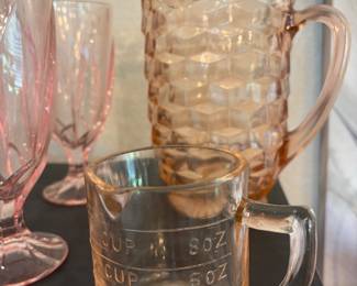 Vintage Kellogg Pink Depression Glass Measuring cup & 1960's Whitehall Colony Peach Glass Pitcher  