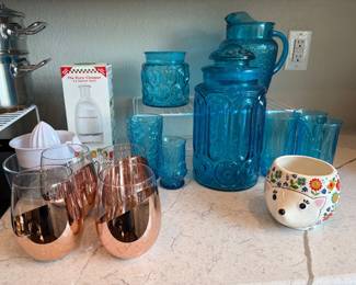 Vintage LE Smith Blue Glass Canisters, Modern Copper Stemless Wine Glasses 
