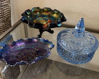 Vintage Indiana Blue depression Glass Candy Dish, Vintage Norwood Amethyst Blue Carnival Glass