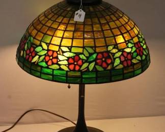 Unique Art Glass & Metal Company Leaded Glass Floral Table Lamp 22" tall and 16" diameter. Nice Pantina early 1900's condition maybe one small cracked pane.