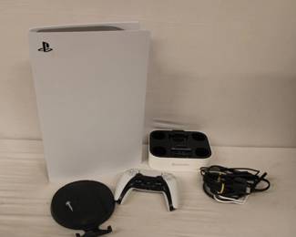 Sony Playstation 5 digital edition complete in box, disc free console & charger dock, works (has cigarette smoke smell)