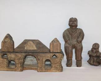 19th Century Terra Cotta Folk Art Structure resembling a church, sitting man, woman....plus Hand written lease dated 1835 between James Erwin and Joshua Lazarus, granting Lazarus access to Erwn's property for the purposes of brick making and to build a h