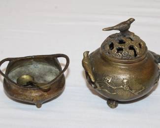 2pc Antique China Xuande mark Bronze Incense Burner Censer w/ Magpie Bird & Plum Blossoms, plus a bronze antique Bronze Incense Burner w/ Xuande mark