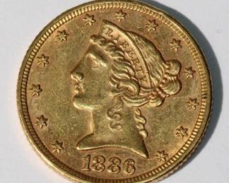 1886 $5 Gold Liberty Head Half Eagle AU 50 about uncirrculated