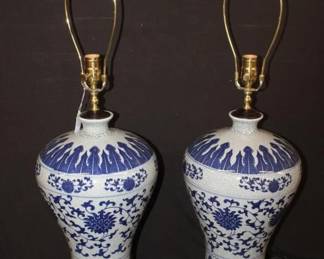 Pair of Chinese Blue/White Crackle Ware Porcelain Vase shaped Lamps w/ porcelain finials, 33" tall