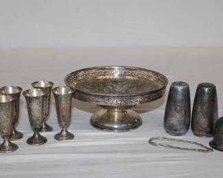 5pc Sterling Silver Cordial Cups 100 grams plus silverplatecompote, shakers, bracelet