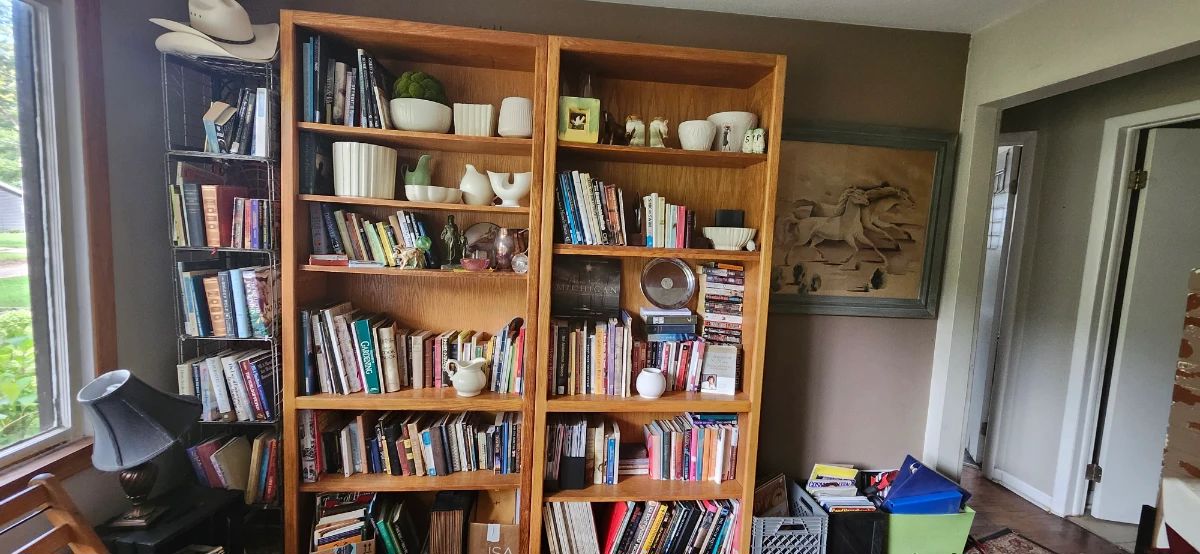 Books, shelves & Pottery, bookends