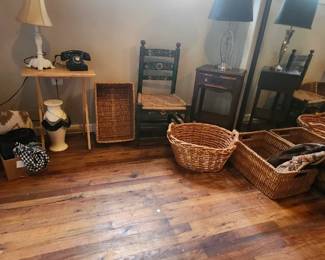 End tables, lamps, baskets, cowboy boots