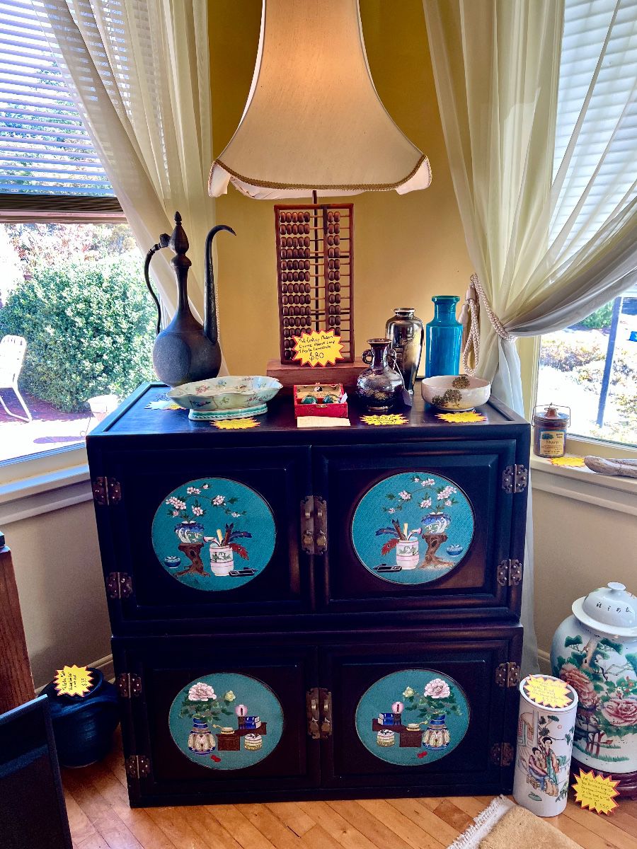 $450 Vintage Chinese Chinoiserie Style 2pc Stackable Compound Cabinet w/ cloisonné Panel Inserts, $175 19th Century Antique Indoor-Persian Tinned Copper Ewer (Aftaba), $350 Antique Tongzhi Marked Chinese Pale Celadon Famille Rose Leaf Bowl (1862-1874) 11"x8", $15 Mid-Century Satsuma Peacock Bowl 6", $150 Antique 9" Chinese Incised Turquoise Rousseau Porcelain Vase Late Qing or Republic Period, $225 Chinese Famille Rose Republic Period (c. 1920-1940) Base Stamp Ju Ren Tang Zhi, $350 Chinese Famille Rose Porcelain Ginger Jar 16' Temple Jar on wooden base, CHINESE ABACUS LAMP NO LONGER AVAILABLE