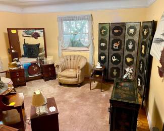 $500 Vintage Chinese Folding Room Divider Screen (6 panels) Black lacquer surface, Mother-of-pearl inlay, Decorative motifs are jade, carnelian, and soapstone. $120 MCM Clamshell / Tub Chair. $300 Mid-Century Modern Mahogany Vanity Dresser and Mirror