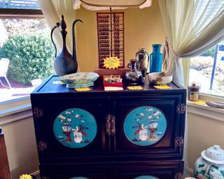 $450 Vintage Chinese Chinoiserie Style 2pc Stackable Compound Cabinet w/ cloisonné Panel Inserts, $175 19th Century Antique Indoor-Persian Tinned Copper Ewer (Aftaba), $350 Antique Tongzhi Marked Chinese Pale Celadon Famille Rose Leaf Bowl (1862-1874) 11"x8", $15 Mid-Century Satsuma Peacock Bowl 6", $150 Antique 9" Chinese Incised Turquoise Rousseau Porcelain Vase Late Qing or Republic Period, $225 Chinese Famille Rose Republic Period (c. 1920-1940) Base Stamp Ju Ren Tang Zhi, $350 Chinese Famille Rose Porcelain Ginger Jar 16' Temple Jar on wooden base, CHINESE ABACUS LAMP NO LONGER AVAILABLE