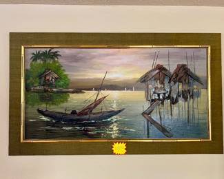 $150 Vintage Large Mid-Century 3d Mixed Media Coastal Painting