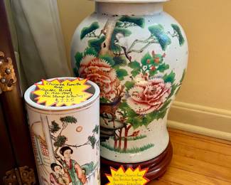 $225 Chinese Famille Rose Republic Period (c.1920-1940) Base Stamp Ju Ren Tang Zhi, $350 Antique Chinese Famille Rose Porcelain Ginger Jar Guangxu Inscription (c.1875-1908) 16" Tall Temple Jar w/ Wooden Base Stand