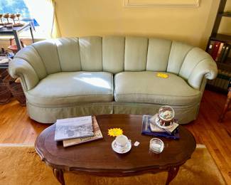 $250 Mid-Century Curved Back Sofa, $45 Queen Anne Style Oval Coffee Table