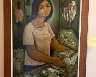 Original Francisco "Paco" Gorospe (Filipino, 1939-2002) Framed Oil Painting, "The Fish Seller" 24x36" Mid-Century Modern Art