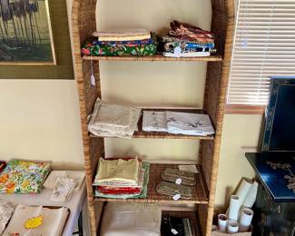 $100 1970s Boho Chic Woven Wicker Arched Etagere with an assortment of fabrics from around the world