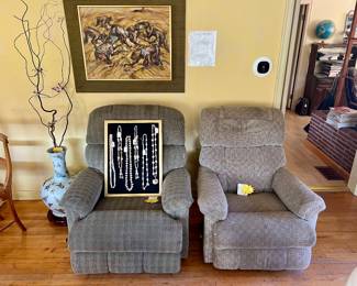 $75 La-Z-Boy Recliner(s), $150 Mid-Century "Hundred Butterflies" Jing de Zhen Vase 23", $700 Original Oil Painting by Miguel Galvez 1960