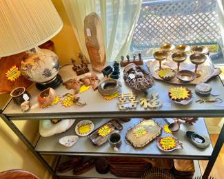 $100 Vintage Korean Brassware (6 Brass Coupe Glasses, 2 Brass Zodiac Dishes, 2 1964 New York World's Fair Souvenirs, Wooden Tray) $14 Vintage Round Lidded Imari Trinket Box, $30 Mid-Century Brass Rose Stamped Motif Figural Hand, $8 Vintage National Silver Co. Dish Silver Plate On Copper, $45 Traditional Asian Bamboo Root Carving, $50 Vintage West African Cast Brass Figurines (set of 3), $25 Vintage Hand-Carved Profile Wall Plaque, $15 pair Mid-Century Modern Solid Brass Monkey "S" Hooks, $75 Mid-Century "Root Style" Wood Carving 14.5", $50 Mid-Century 21pc Hollywood Regency Charcuterie/Dessert Entertaining set, $25 Mid-Century Brass Gallery Serving Tray-Hollywood Regency, $50 Mid-Century Mother-of-Pearl Ashtray w/Silver Rim, $60 Mid-Century Japanese Satsuma-Style Porcelain Lamp, $25 Mid-Century Hand-Carved Filipino Monkey Pod Platter