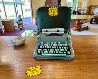$300 First Generation "Curvy" Hermes 3000 Typewriter, $150 Mid-Century Modern Serpentine Curved Executive Partner Desk (Has A Crack/Split) $10 Vintage Manila Yacht Club Ashtray