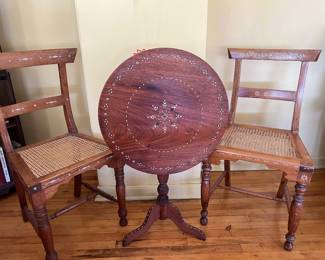 Antique British Colonial Era, Anglo-Indian Tilt-Top Table & Chairs w/ Bone or Ivory Inlay $695
