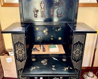 $500 Mid-Century Vintage Chinoiserie Black Lacquer Dry Bar w/ Raised Stone Inlays and Mother-of-pearl Inlay