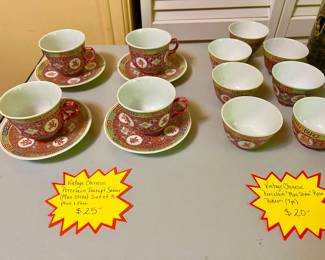 $25 Vintage Chinese Porcelain Teacup & Saucer (Mun Shou) set of 3 plus 1 free, $20 Vintage Chinese Porcelain "Mun Shou" Rose Pattern 7pc
