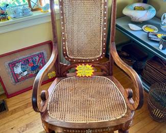 $150 Antique Anglo-Indian Rocker W/ Bone, Ivory, or Mother-of-Pearl Inlay (Needs Cane Work On Seat)