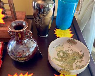 $15 Vintage Mid-Century Satsuma Peacock Bowl, $150 Antique Unmarked 9" Chinese Incised Turquoise Rouleau Porcelain Vase Late Qing of Republic Period