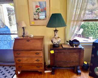 $250 Original 1938 Water Color Painting by Ethel Nerger (Ethel Marcom Pierce / Ethel Pearce Nerger) 14x19", $60 Mid-Century Japanese Satsuma-Style Porcelain Lamp, $150 Antique Table