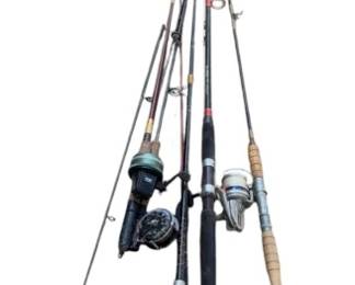727 - Assorted Fishing Rods w/ Reels (Description): longest is 90" long
