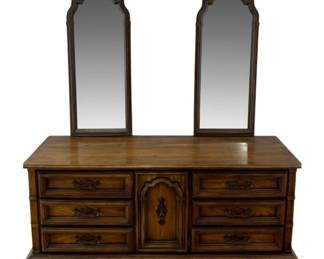 135 - Vintage Spanish Revival Style Wood Triple Dresser (Description): Cabinet Door Flanked by Banks of Drawers paired w/ 2 Matching Arched Mirrors 80 x 72 x 19
