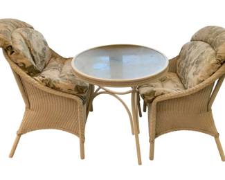 65 - 3pc White Wicker Bistro Set w/Cushions & Glass Top (Description): Table - 29 x 30 Chairs - 34 x 24 x 21