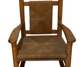 491 - Child's Vintage Cracker Barrel Rocking Chair (Description): woven rush seat, oak frame and turned spindles - 30 x 20 x 22