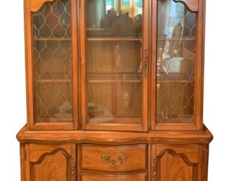 105 - Vintage Wood China Cabinet - 83 x 58 x 17 (Description): Glass Paneled Upper Doors and a Buffet Base Carved Accents & Brass Hardware
