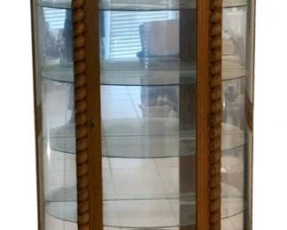 428 - Vtg Curved Glass Curio w/ barley twist columns (Description): Glass Shelves - 71 x 35 x 16