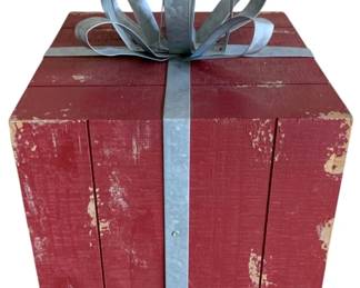 980 - Wood Gift Box Decor w/ metal ribbon