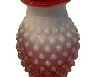 394 - Vintage Fenton Cranberry Opalescent Hobnail Vase (Description): 4" tall