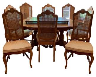 76 - Vintage French Wooden Dining Set (Description): 8 Chairs/1 Leaf Table - 30.5 x 42 x 64 Chairs - 18 x 46.5 x 21 (2 with arms & 6 without)