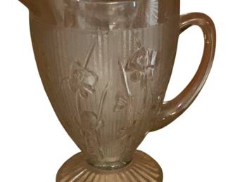 411 - Iris & Herringbone Footed Glass Pitcher - 9" tall