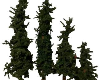 633 - 4 Faux Christmas Trees approximately 51" tall (Description): 3 have lights strung on them Used as is electric/electronic/mechanical item. No guarantee all components, untested.
