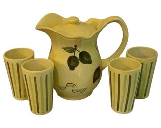 356 - Ceramic Pitcher w/ lid & 4 Tumblers (Description): Pitcher - 9.5" tall Tumblers - 6" tall