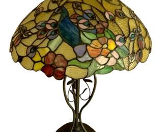 936 - Stained Glass Lamp - as is damaged - 26" tall (Description): cracks in shade Used as is electric/electronic/mechanical item. No guarantee all components, untested.