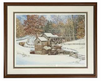 445 - Framed "First Snow at Mabry Mill" Print, signed (Description): by W. Mangum & numbered - 29 x 37