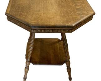 472 - Antique Octagonal Side Table w/ twist legs & shelf (Description): 29 x 26 x 26