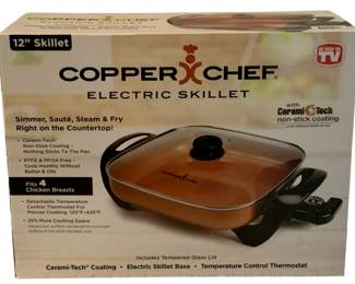 383 - 12" Electric Skillet by Copper Chef in box (Description): Used as is electric/electronic/mechanical item. No guarantee all components, untested.